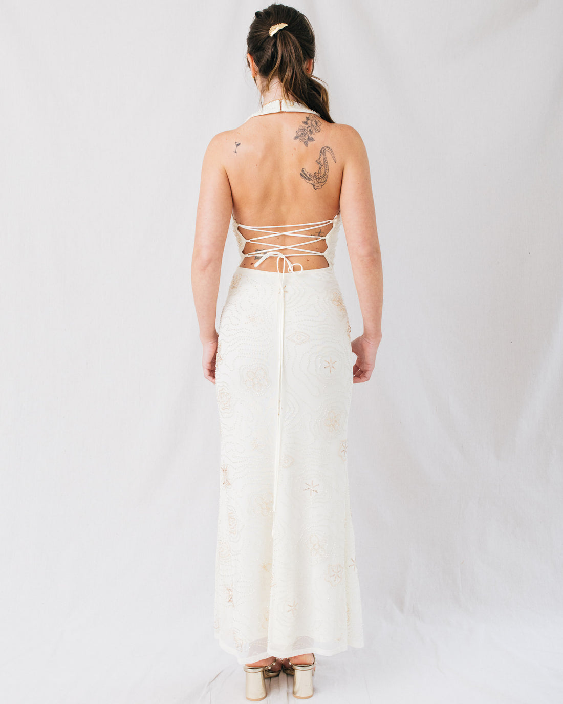 Ariel Halter Neck Lace Up Back Mermaid Beaded Midi Dress