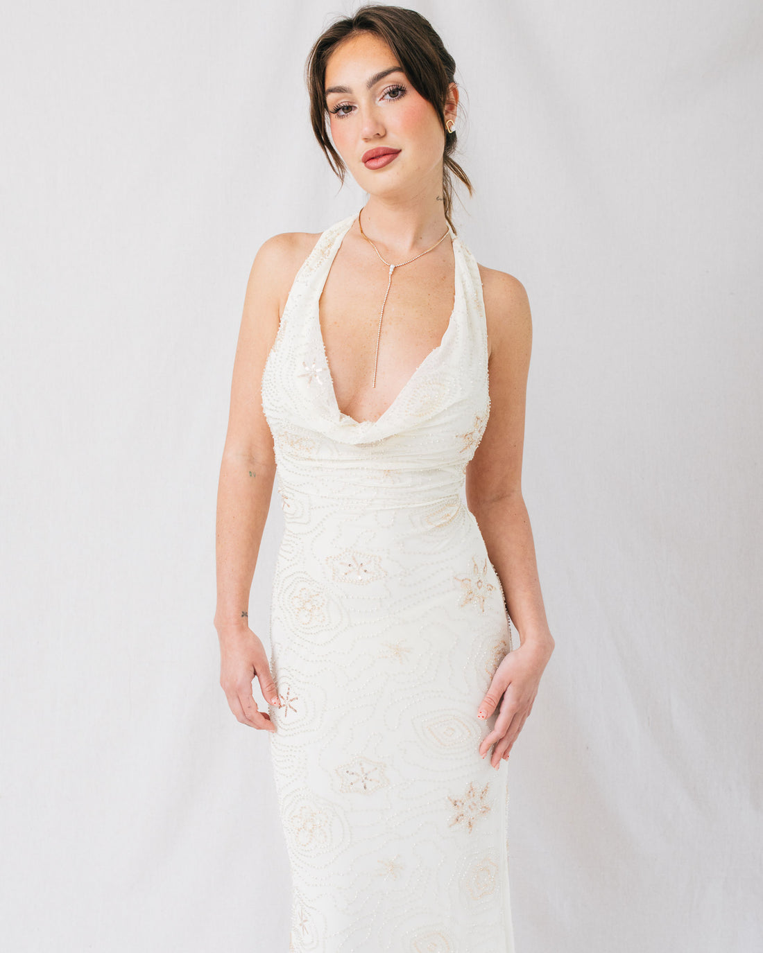 Ariel Halter Neck Lace Up Back Mermaid Beaded Midi Dress