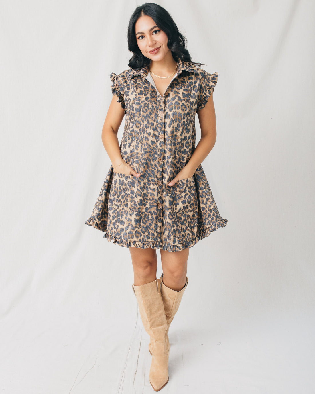 Aimee Leopard Button Down Ruffle Hem Mini Dress