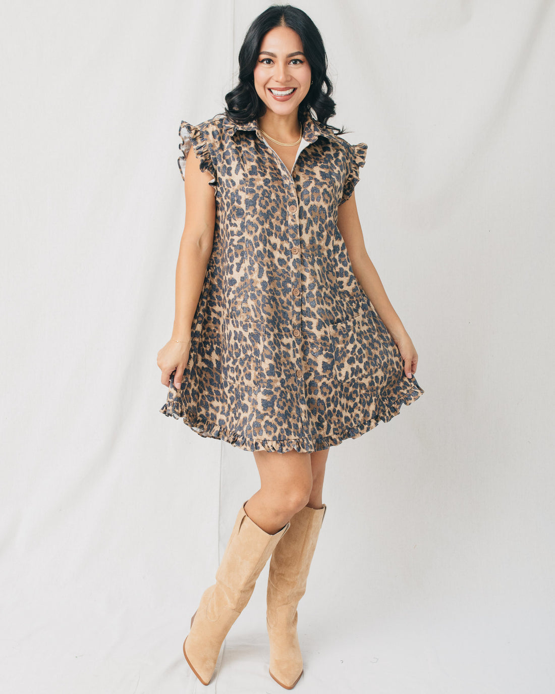 Aimee Leopard Button Down Ruffle Hem Mini Dress