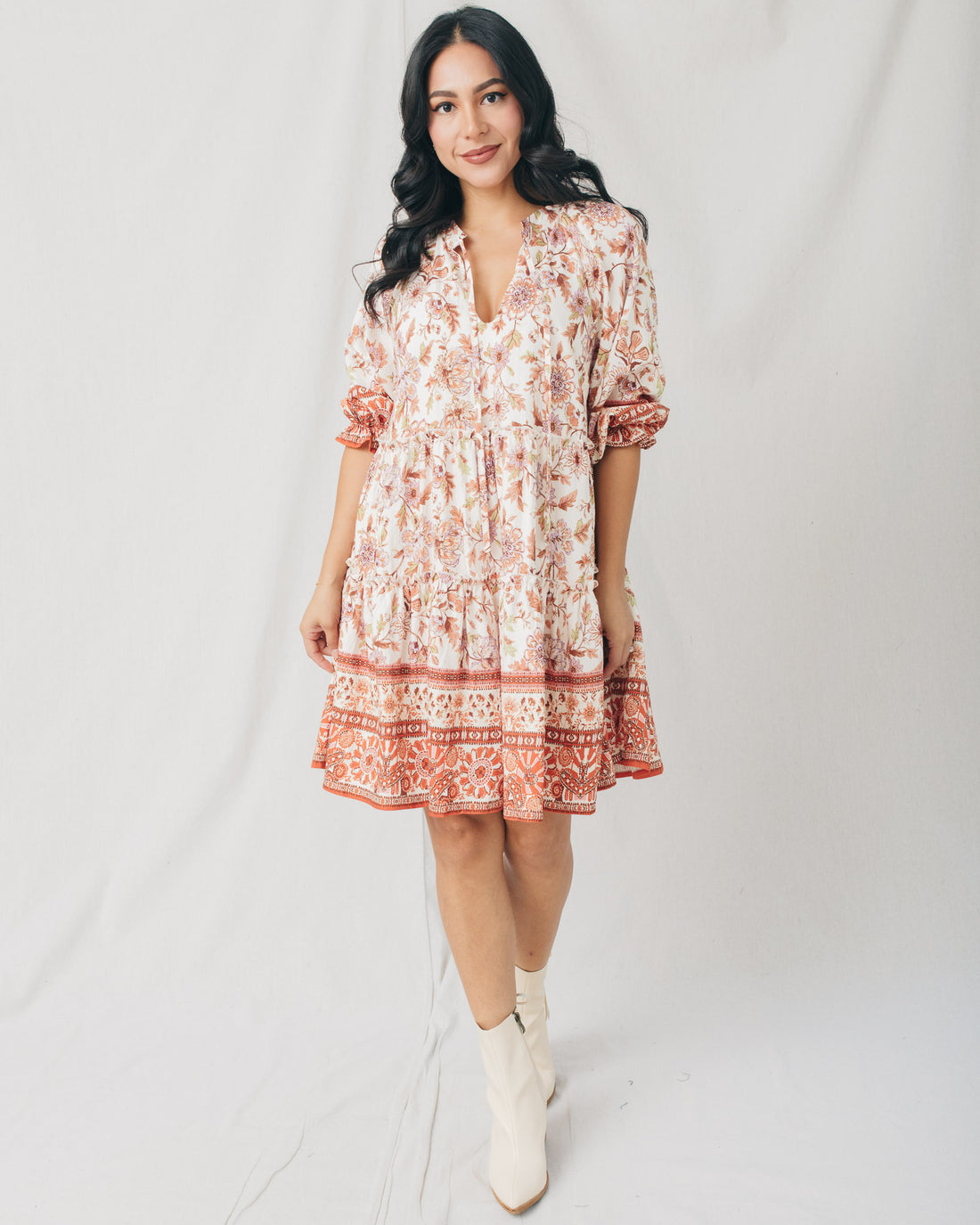 Cesme V-Neck w/Tie Detail 3/4 Sleeve Printed Mini Dress