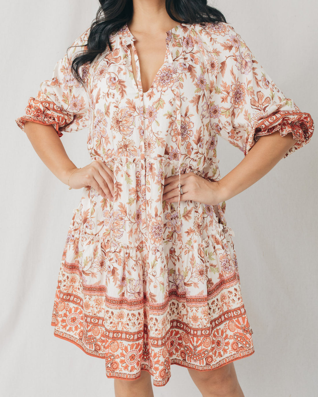 Cesme V-Neck w/Tie Detail 3/4 Sleeve Printed Mini Dress