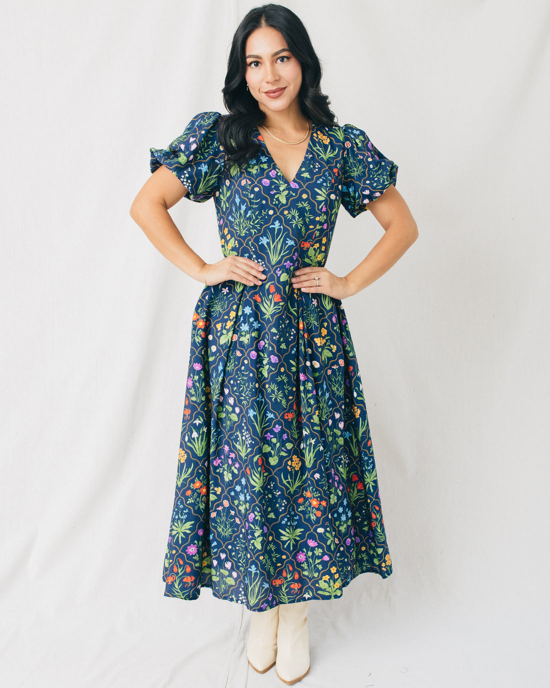 Frida V-Neck Fit & Flare Floral Midi Dress