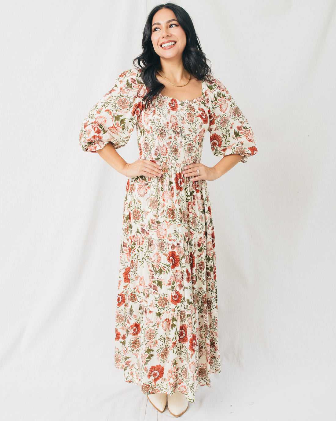 Tamsa Smocked Bodice Puff Sleeves Tiered Midi Dress