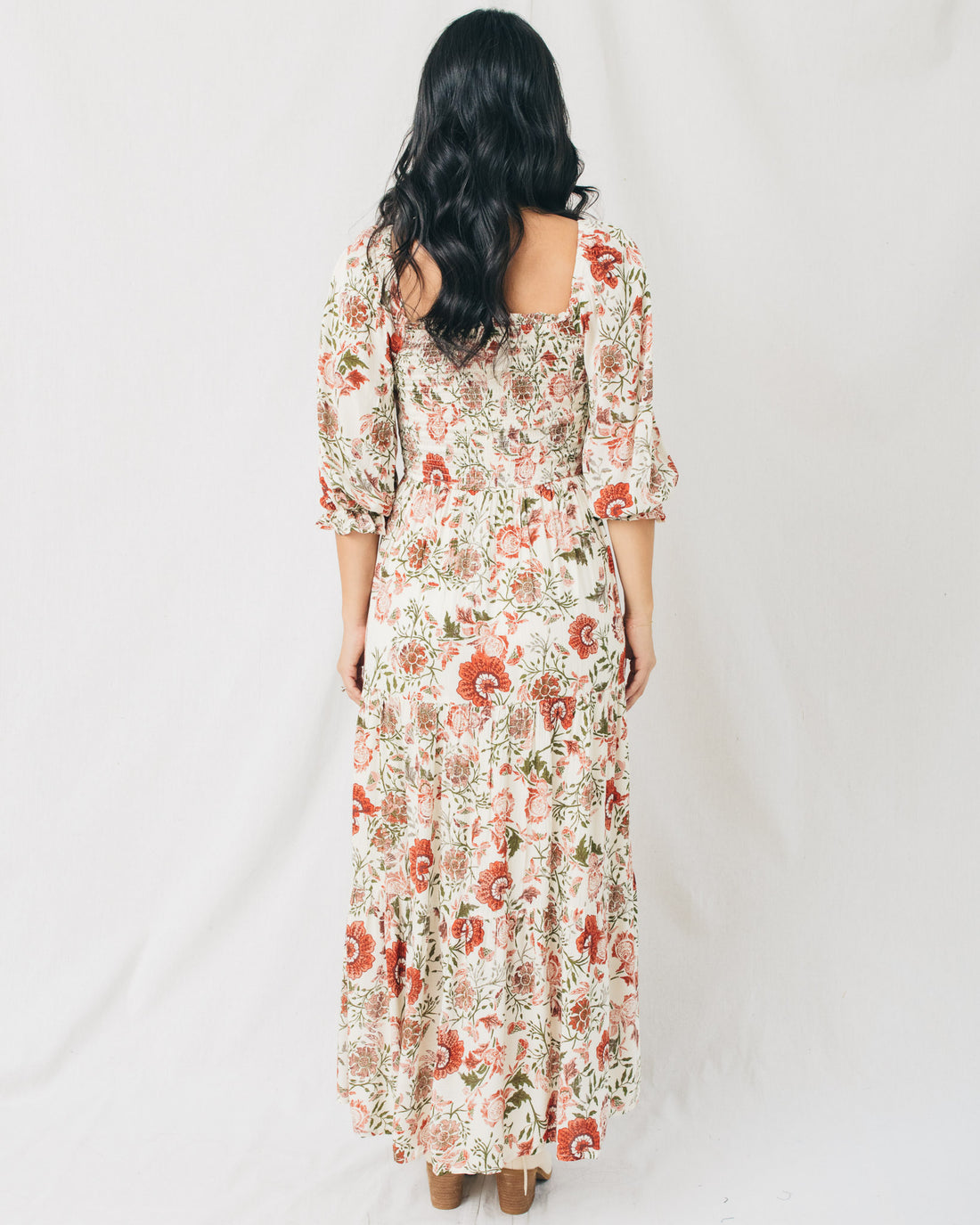 Tamsa Smocked Bodice Puff Sleeves Tiered Midi Dress