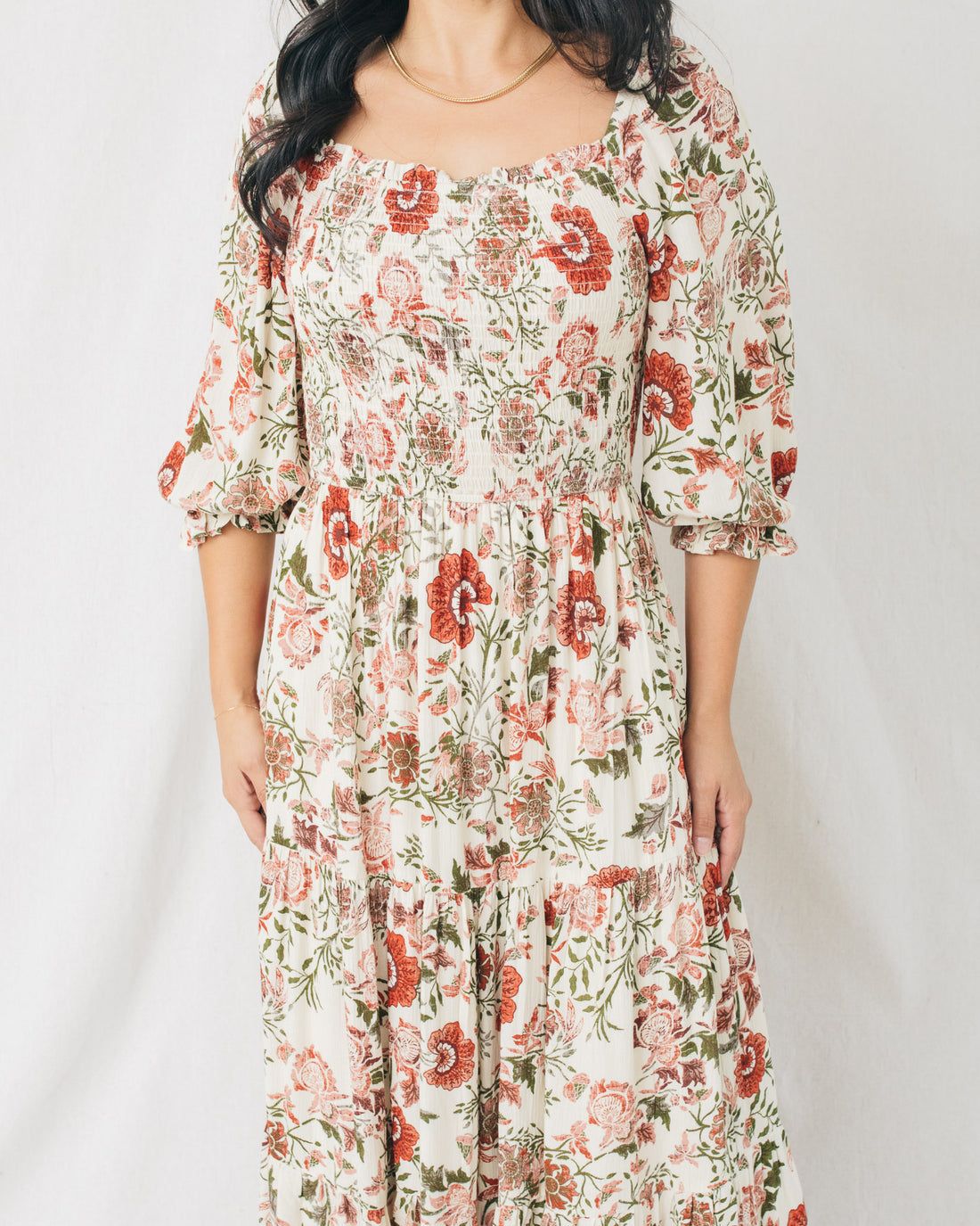 Tamsa Smocked Bodice Puff Sleeves Tiered Midi Dress