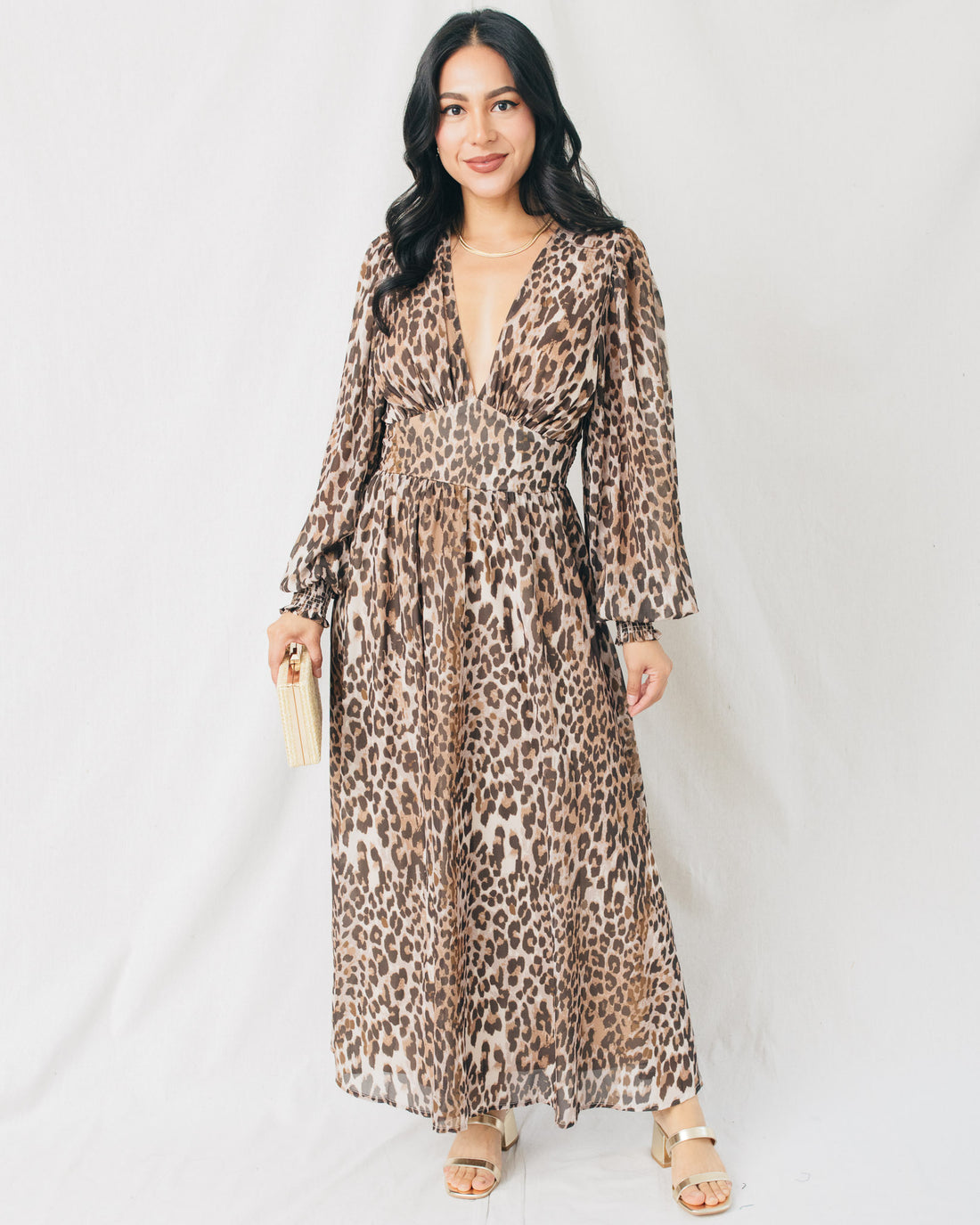 Teresa V-Neck Puff Long Sleeve Printed Midi Dress