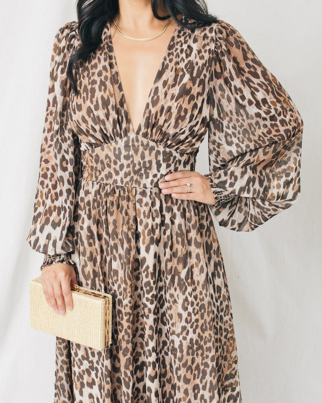 Teresa V-Neck Puff Long Sleeve Printed Midi Dress