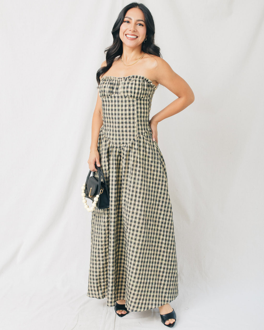 Eloise Checkered Strapless Bustier Midi Dress