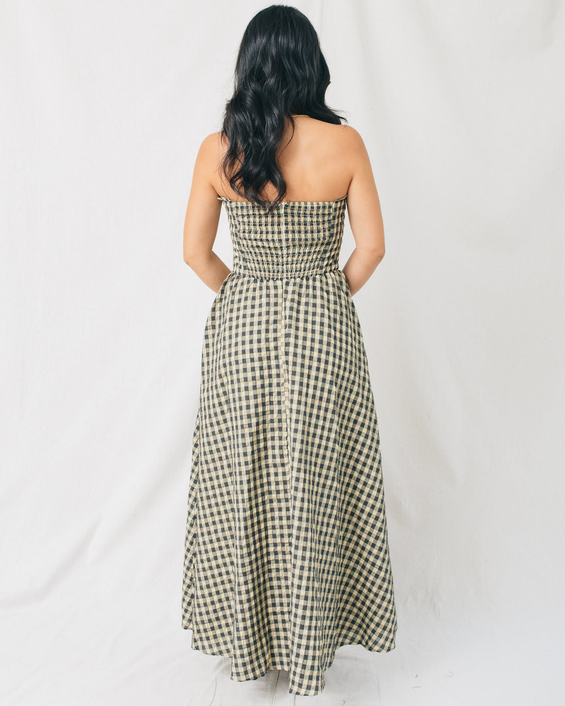 Eloise Checkered Strapless Bustier Midi Dress