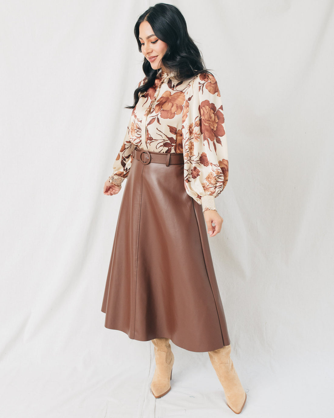 New Era A Line Belted Leather Midi Skirt