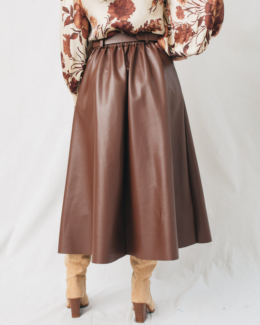 New Era A Line Belted Leather Midi Skirt
