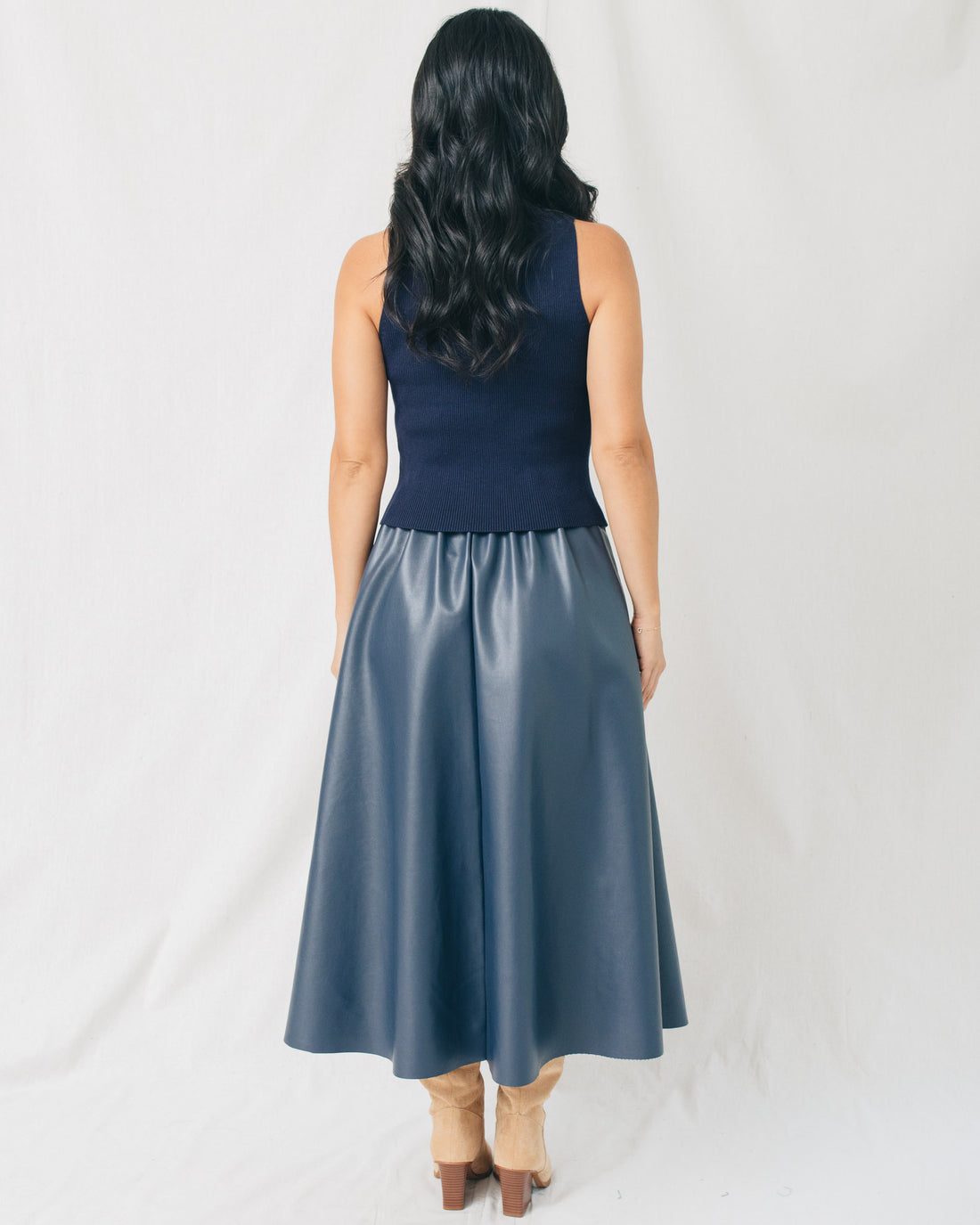 New Era A Line Belted Leather Midi Skirt