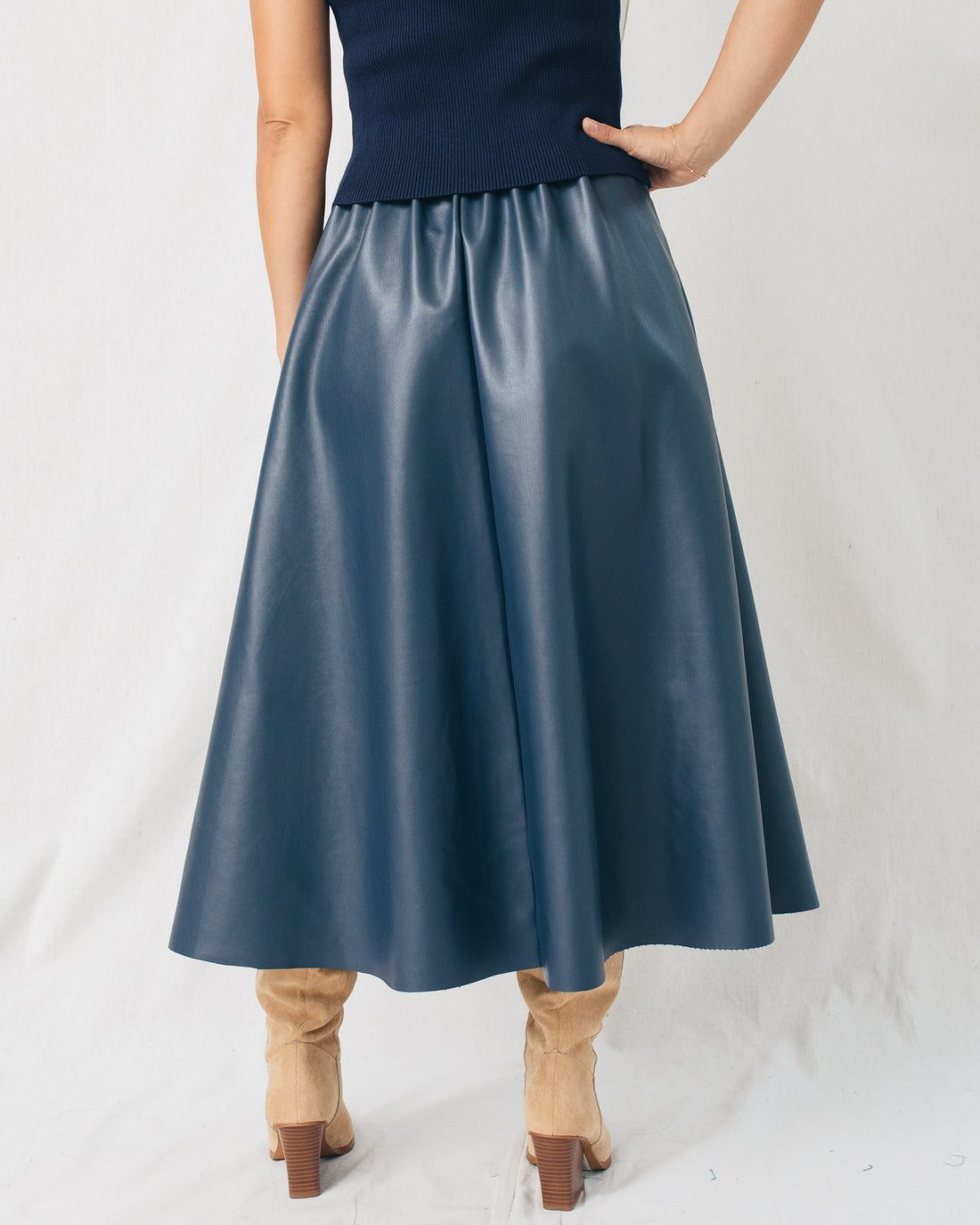 New Era A Line Belted Leather Midi Skirt