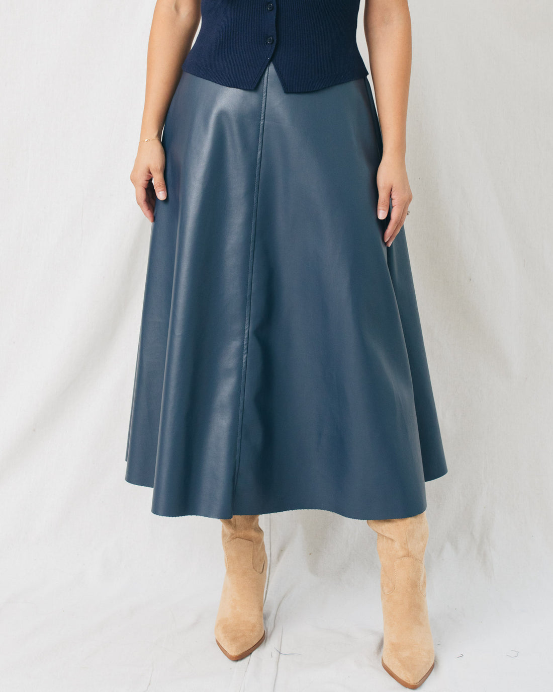New Era A Line Belted Leather Midi Skirt