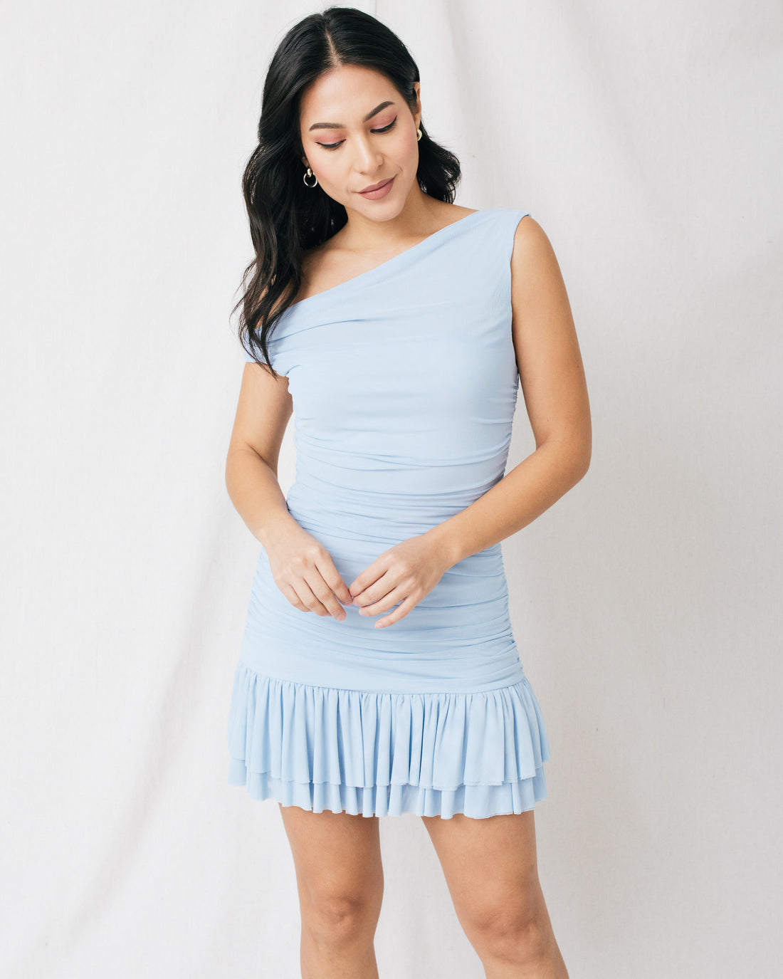 Kennia One Shoulder Ruffle Hem Mesh Mini Dress