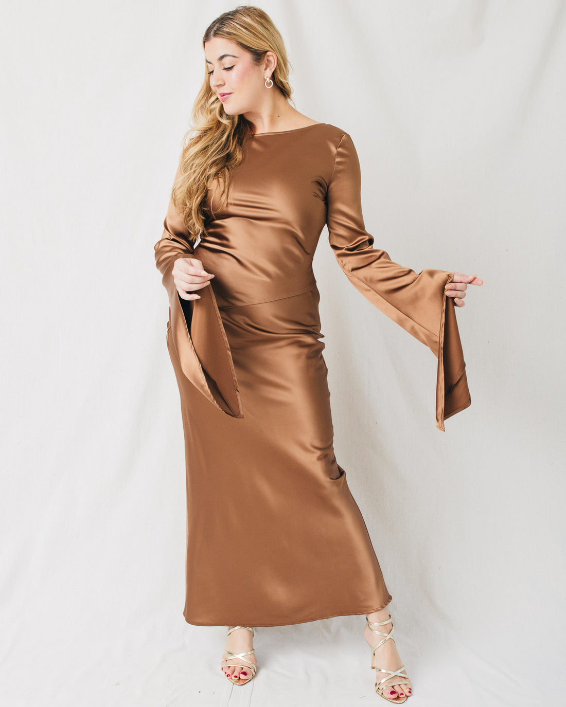 Zienna Open Back Asymmetrical Sleeve Maxi Dress