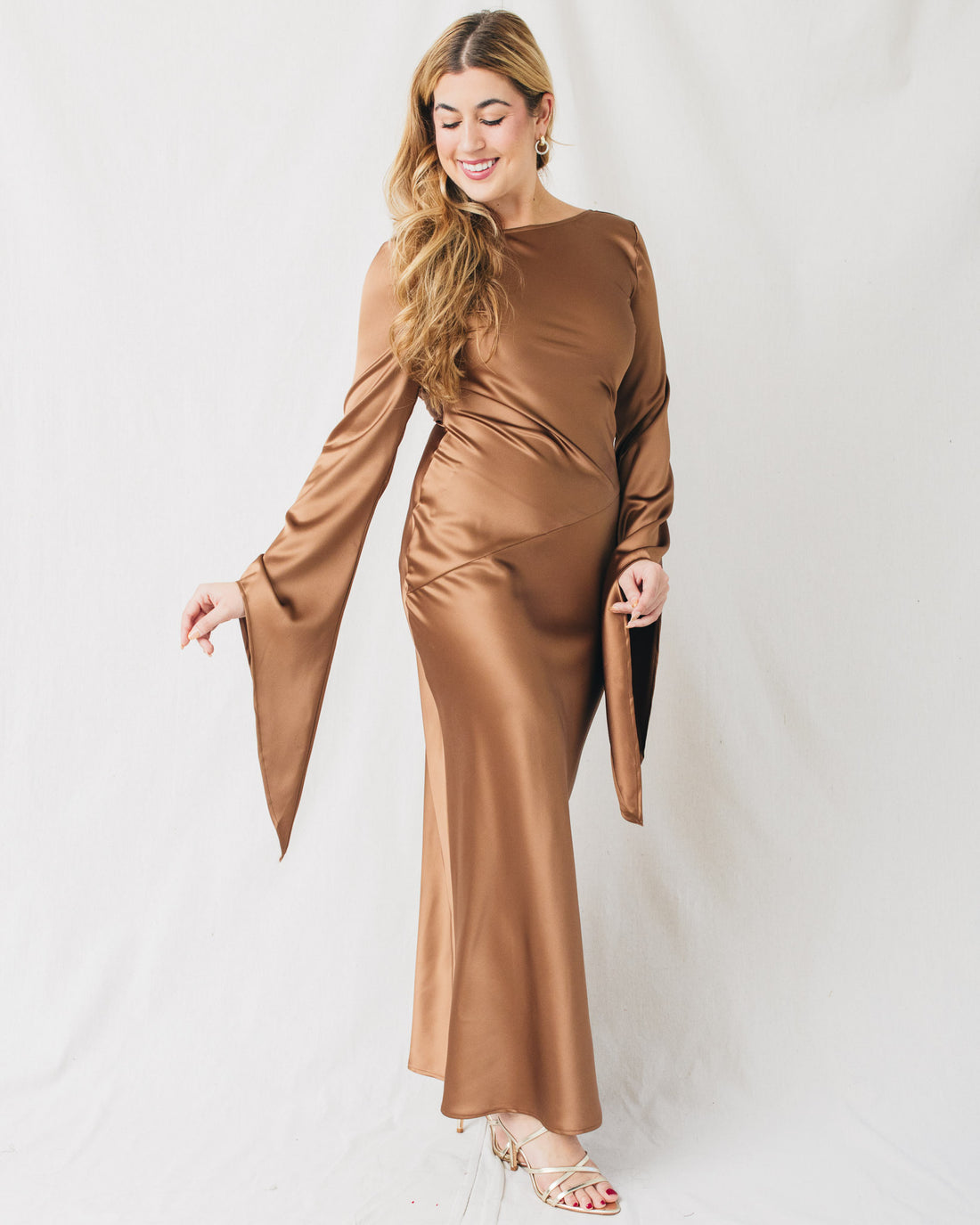 Zienna Open Back Asymmetrical Sleeve Maxi Dress