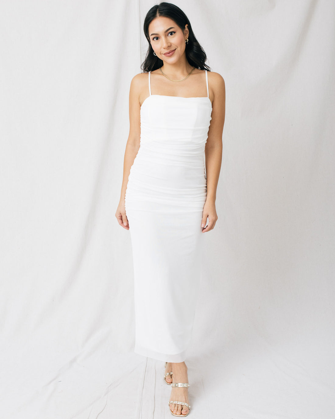 Alicia Straight Neck Shirred Bodycon Mesh Midi Dress