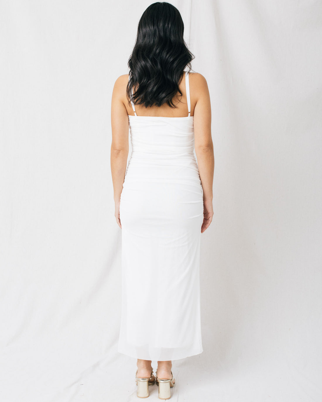 Alicia Straight Neck Shirred Bodycon Mesh Midi Dress