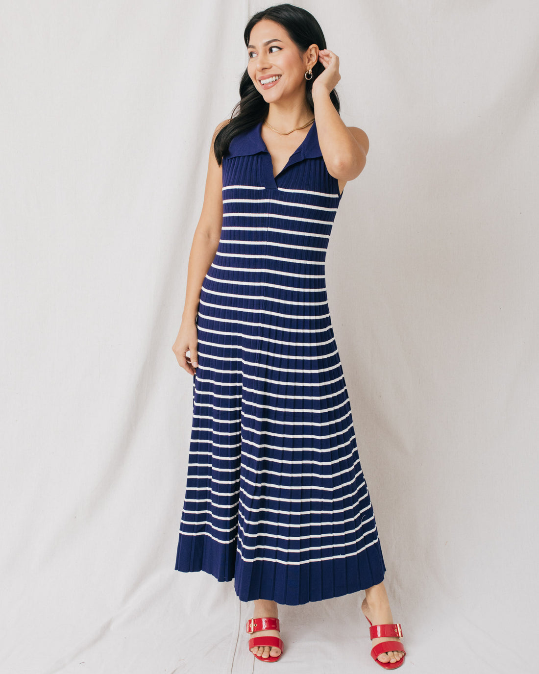 Jeanne V-Neck w/Collar Pleated Striped Knit Midi Dress