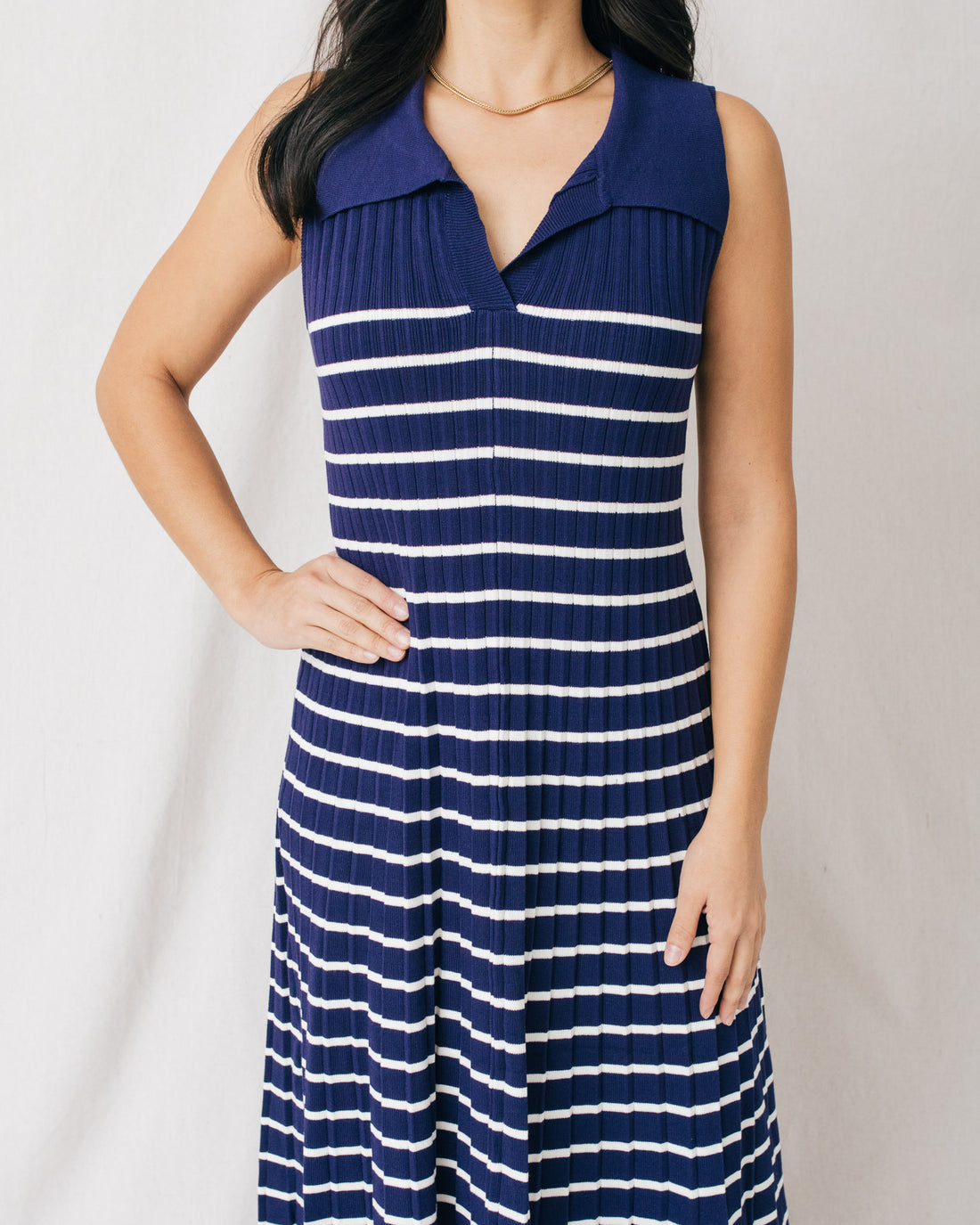 Jeanne V-Neck w/Collar Pleated Striped Knit Midi Dress