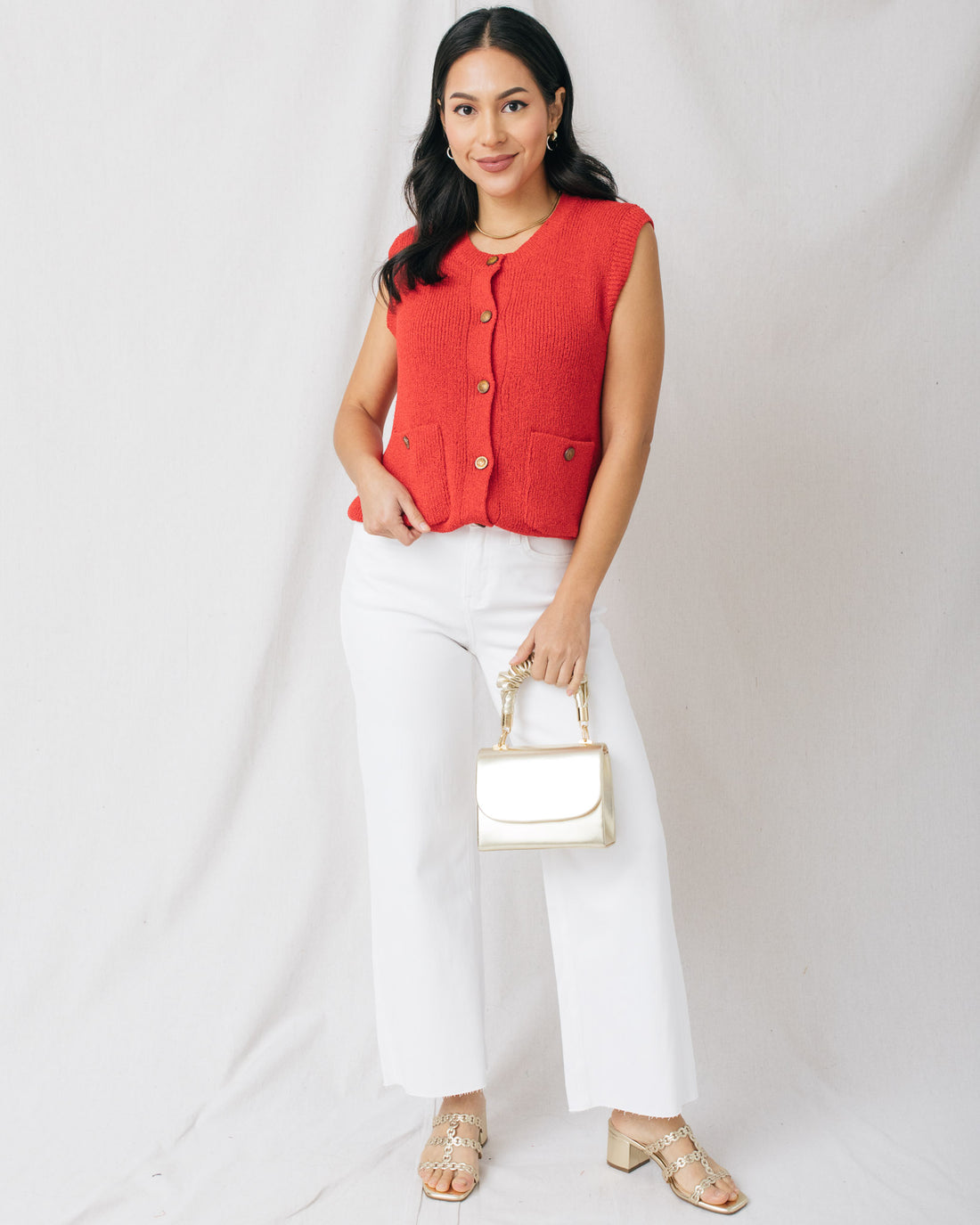 Voyager Gold Buttons Front Pockets Sweater Vest