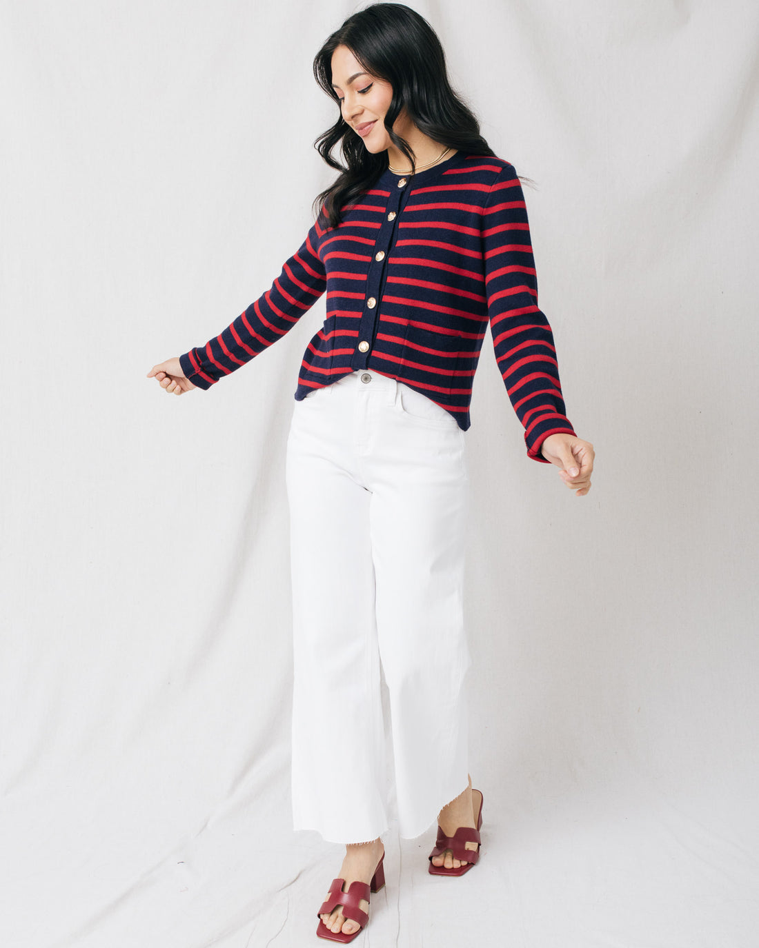 Sorayah Stripe Pocket Detail Gold Buttons Cardigan