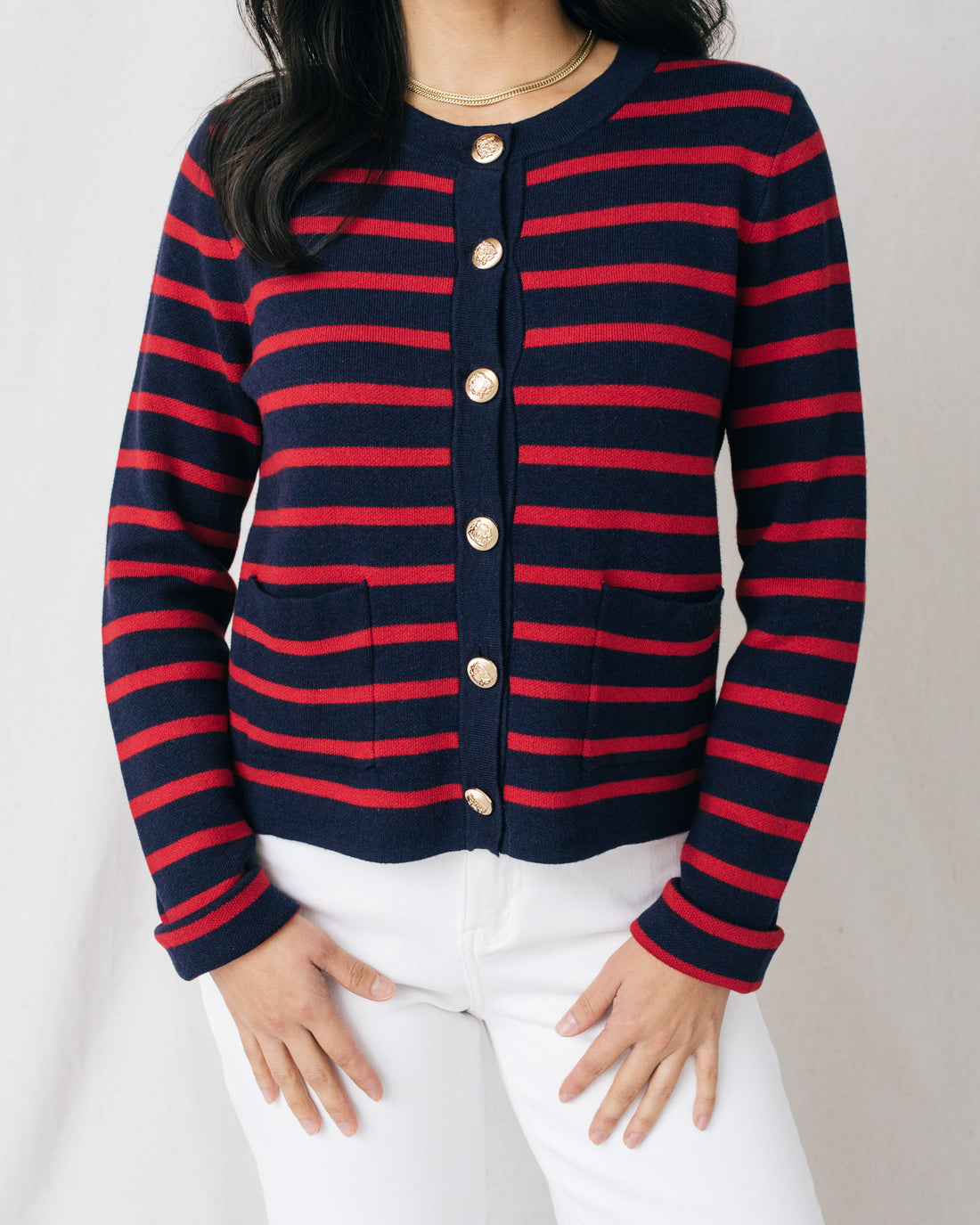 Sorayah Stripe Pocket Detail Gold Buttons Cardigan