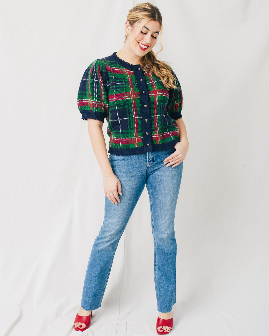 Helen Short Sleeve Plaid Sweater Cardigan