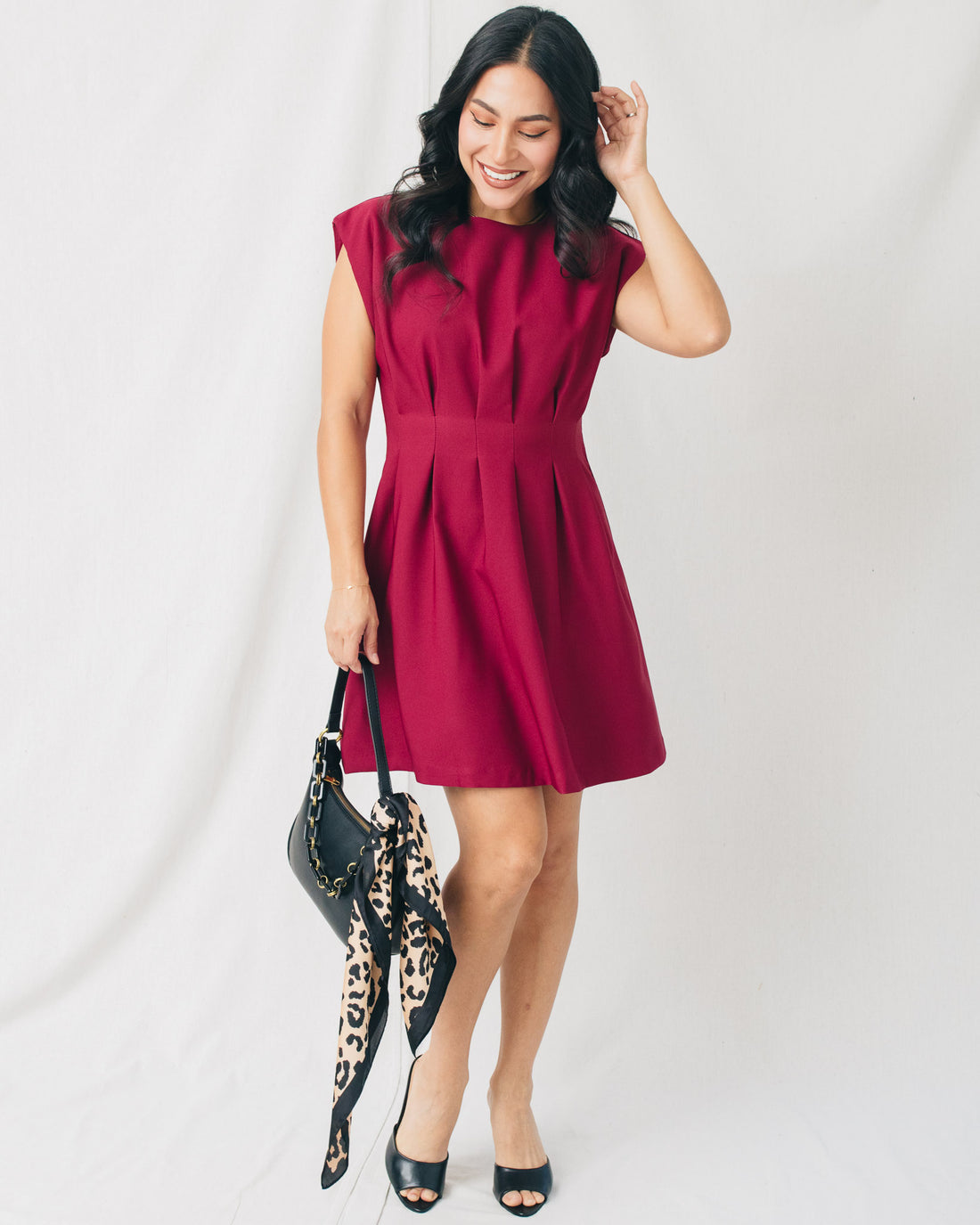 Erika Round Neck Pleated Waist Mini Dress