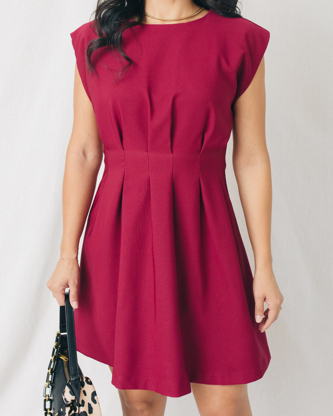 Erika Round Neck Pleated Waist Mini Dress
