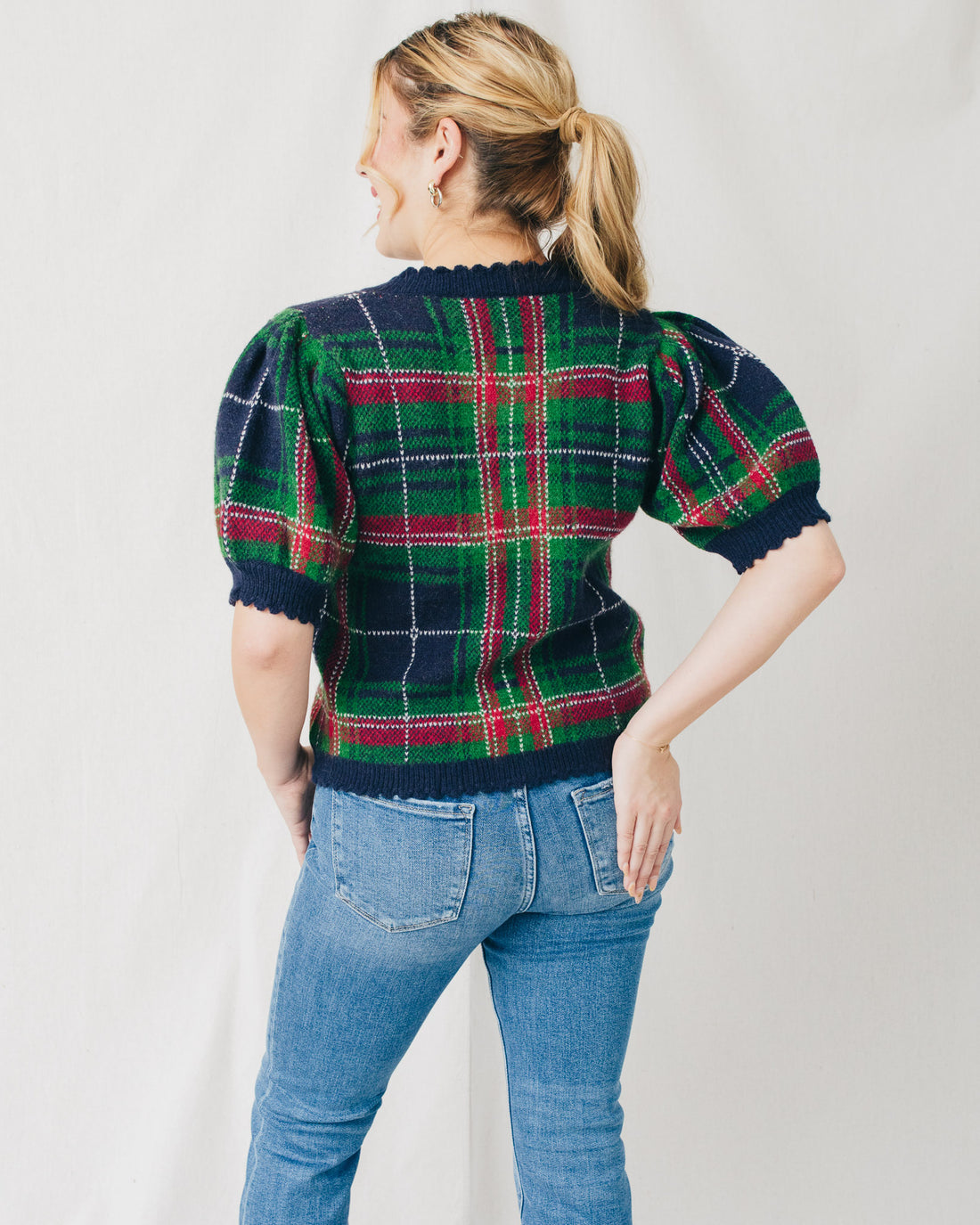 Helen Short Sleeve Plaid Sweater Cardigan