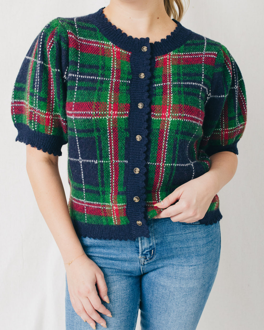 Helen Short Sleeve Plaid Sweater Cardigan
