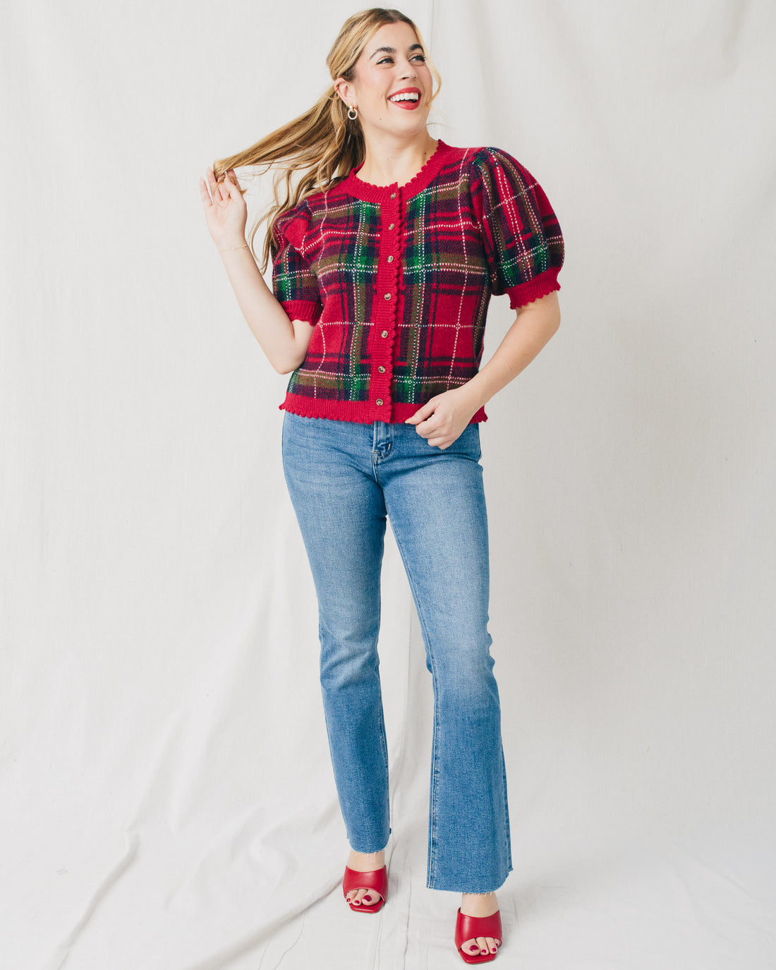Helen Short Sleeve Plaid Sweater Cardigan