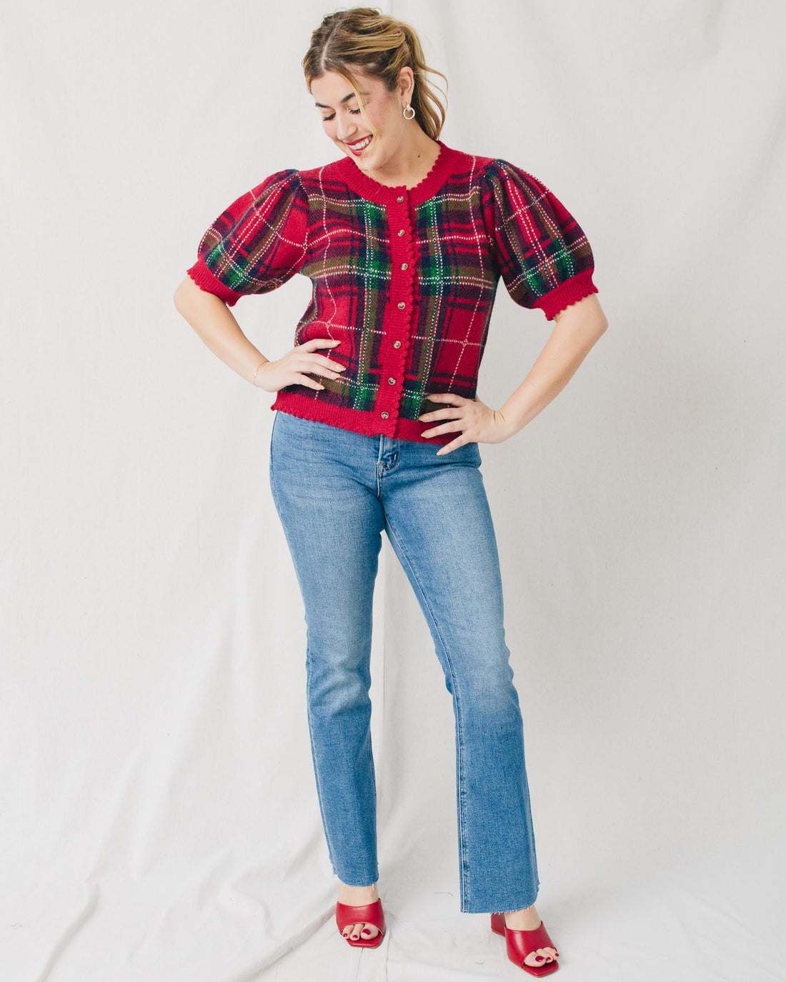 Helen Short Sleeve Plaid Sweater Cardigan