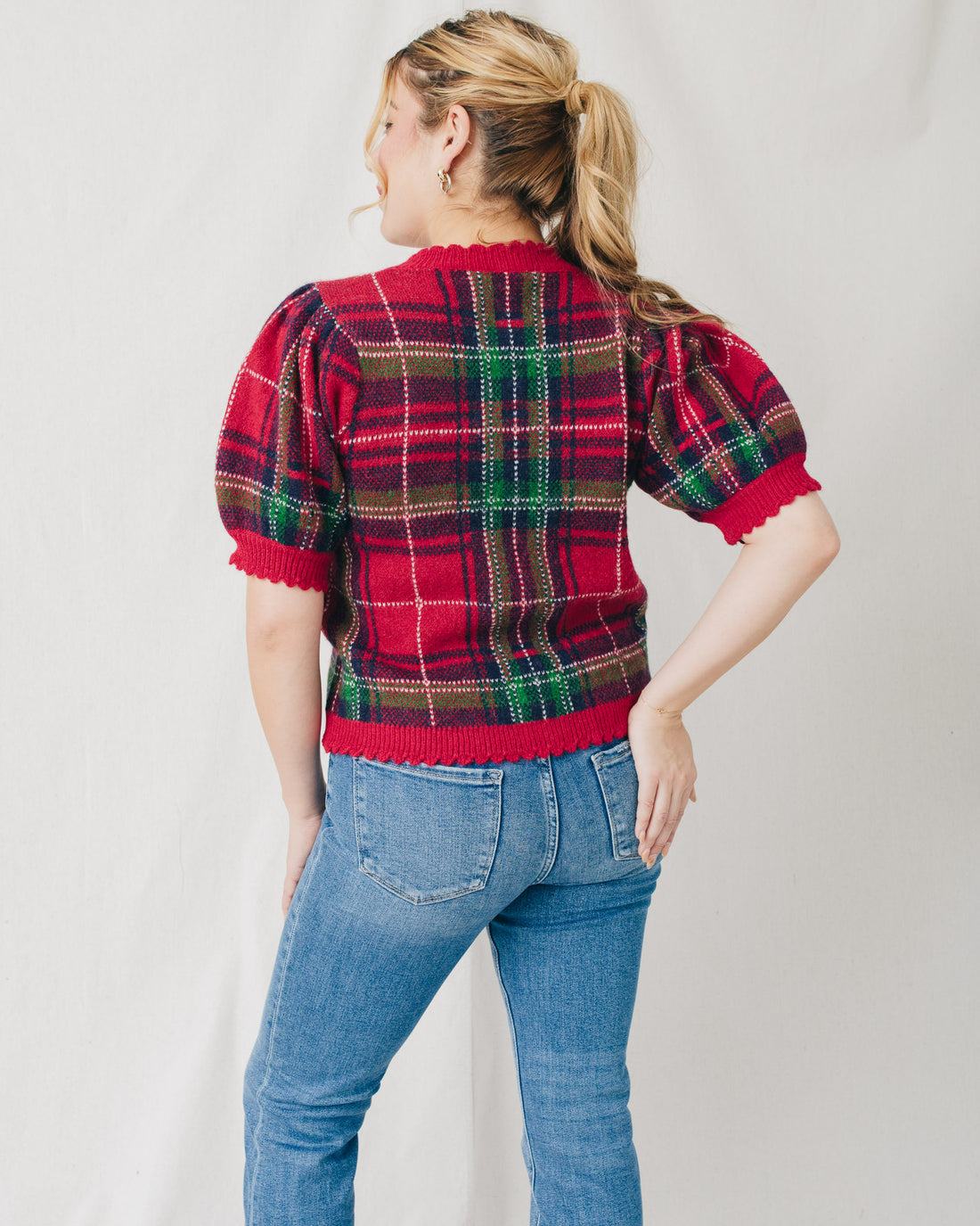 Helen Short Sleeve Plaid Sweater Cardigan