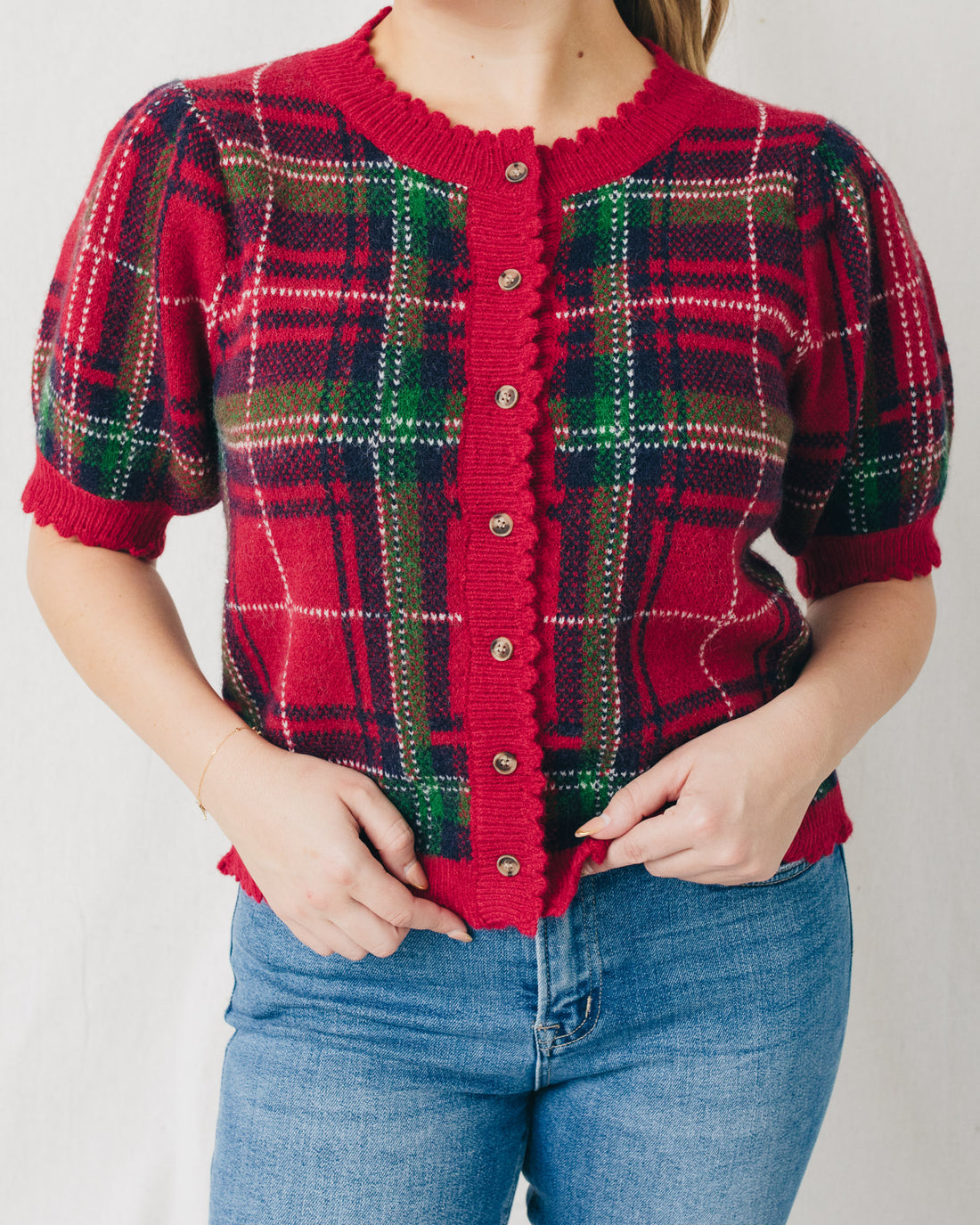 Helen Short Sleeve Plaid Sweater Cardigan
