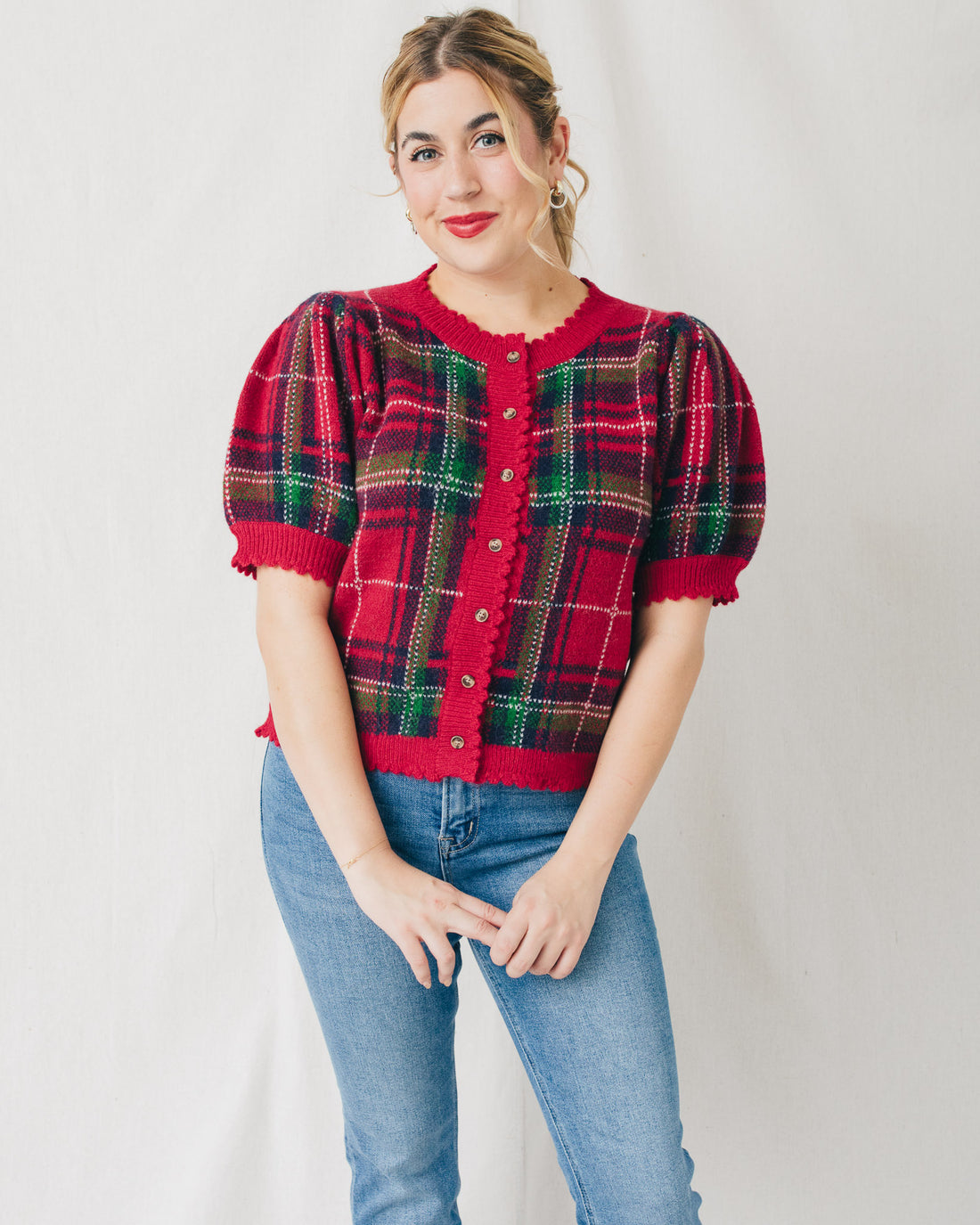 Helen Short Sleeve Plaid Sweater Cardigan