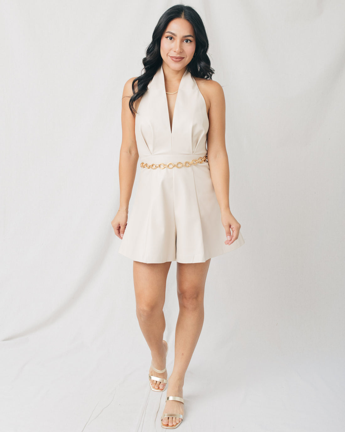 Polette Deep V Halter Neck Leather Romper