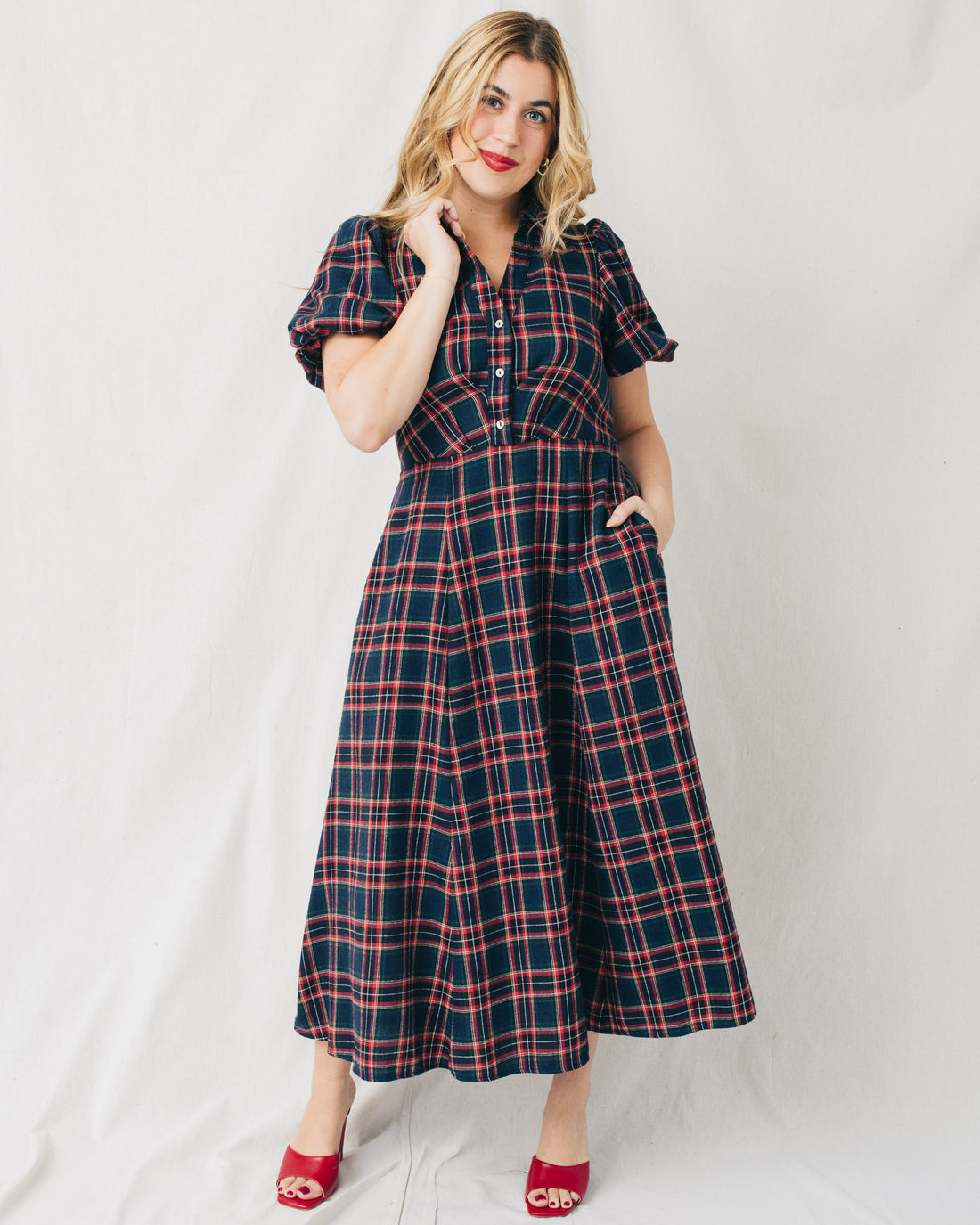 Carol Plaid Button Front Belted Midi Dress