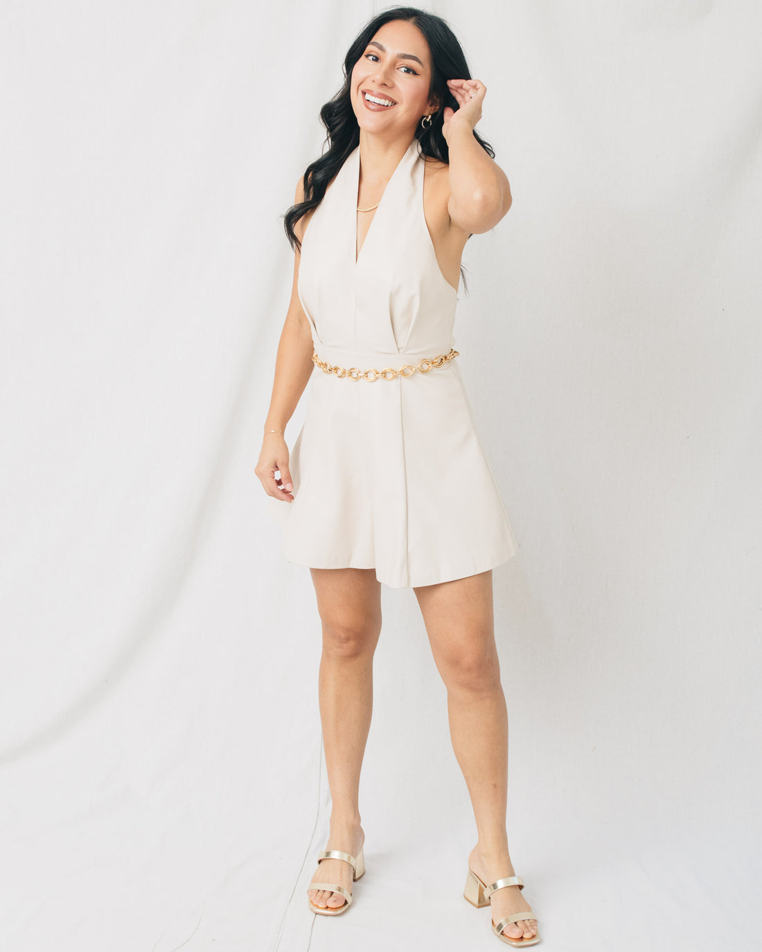 Polette Deep V Halter Neck Leather Romper