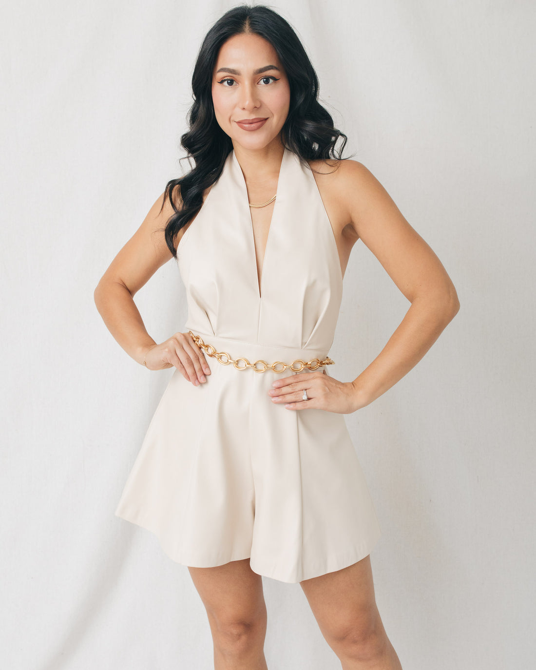 Polette Deep V Halter Neck Leather Romper
