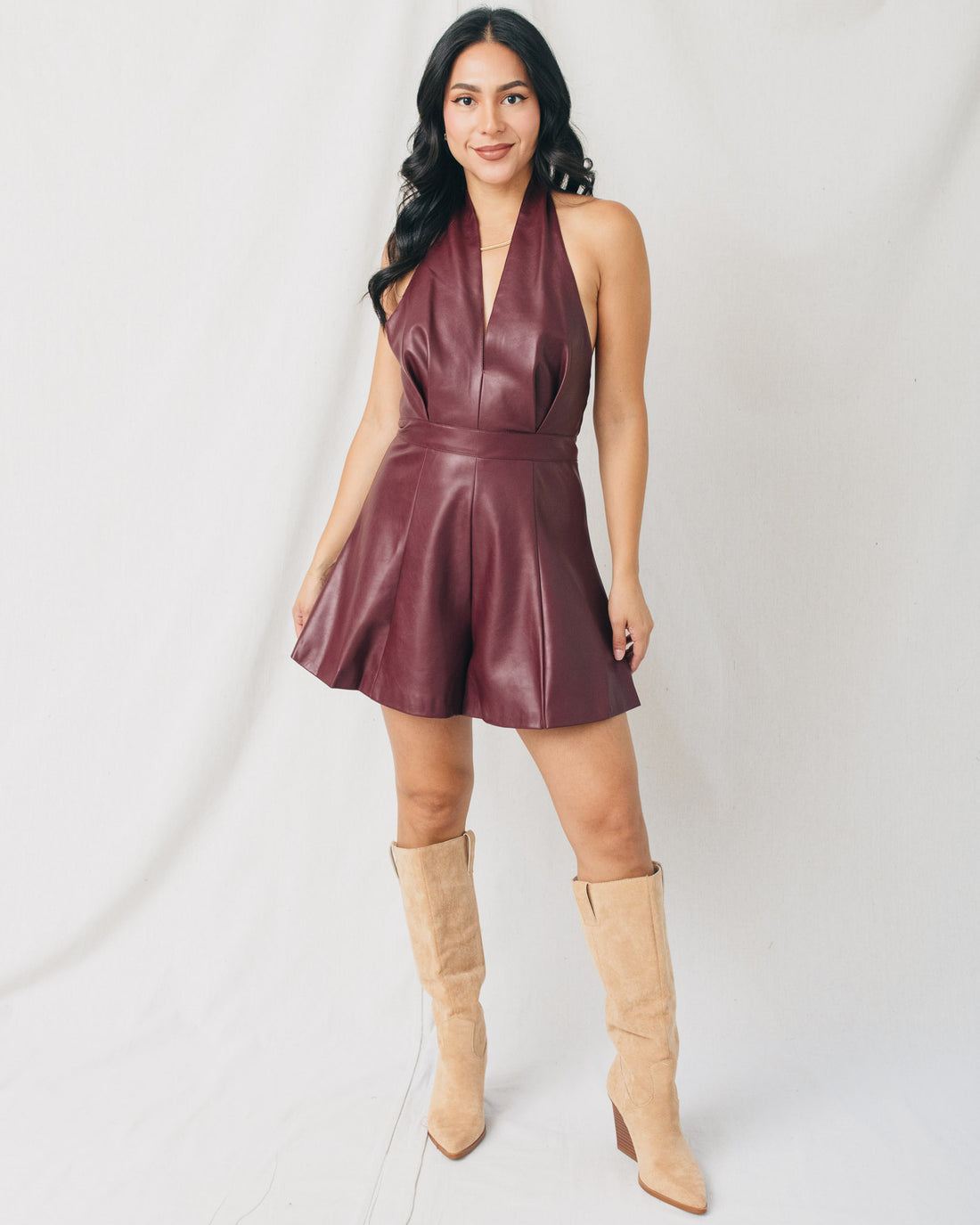Polette Deep V Halter Neck Leather Romper