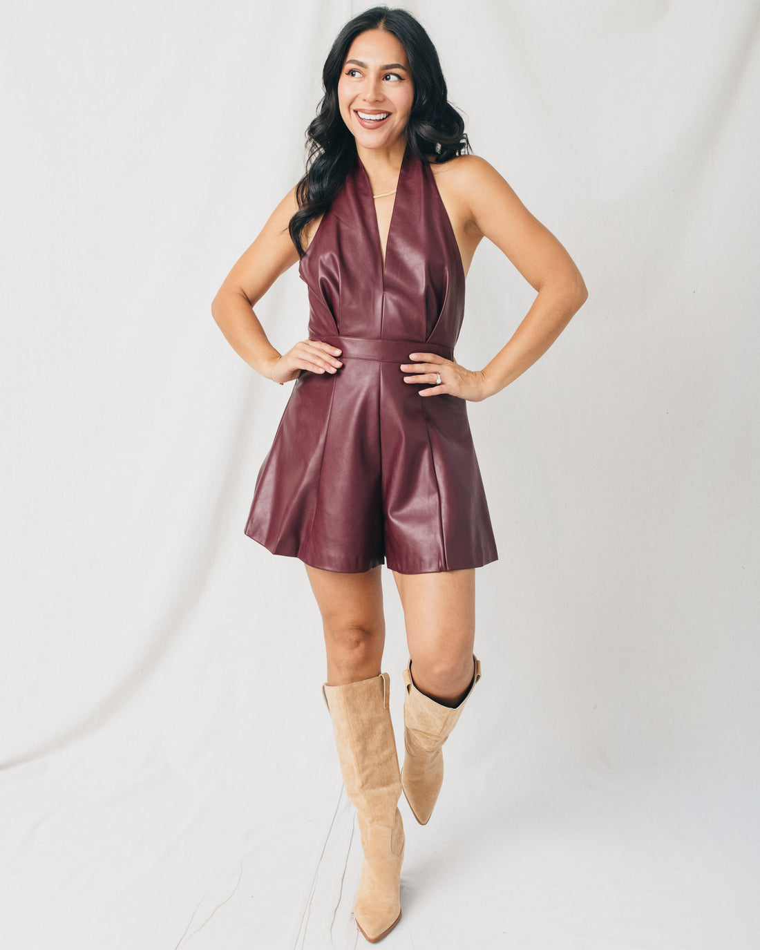 Polette Deep V Halter Neck Leather Romper
