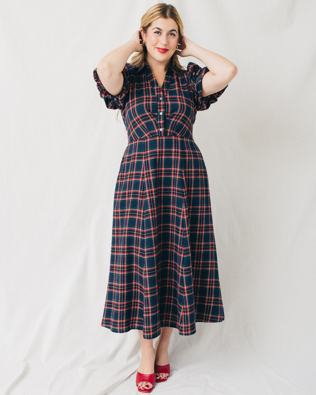 Carol Plaid Button Front Belted Midi Dress