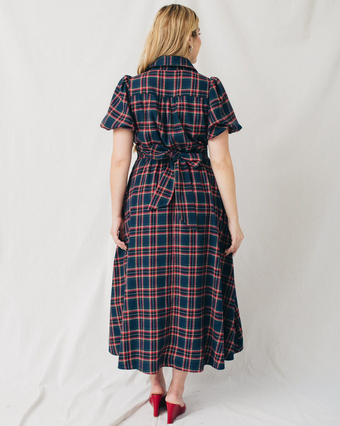Carol Plaid Button Front Belted Midi Dress
