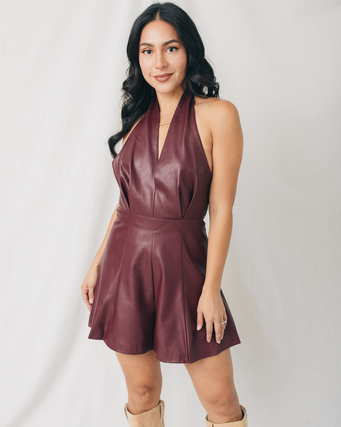Polette Deep V Halter Neck Leather Romper