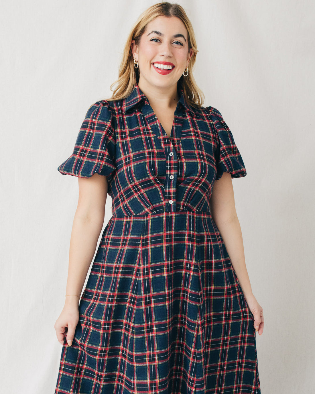 Carol Plaid Button Front Belted Midi Dress