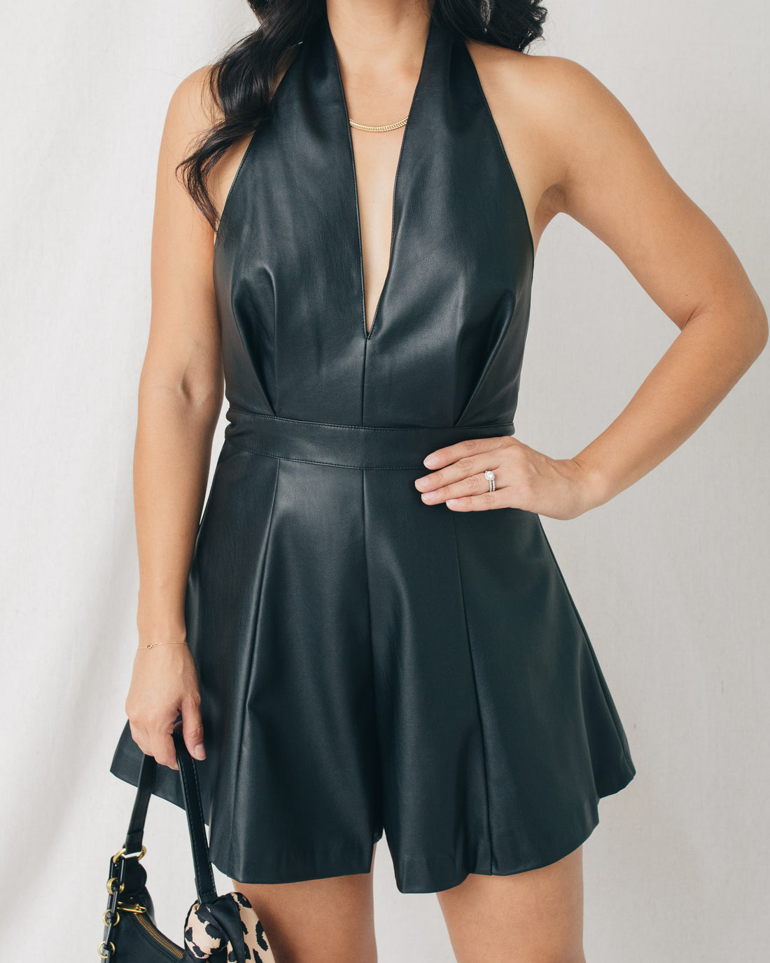 Polette Deep V Halter Neck Leather Romper
